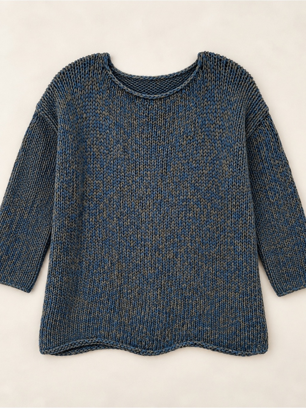 EILEEN FISHER MARLED GREEN BLUE COTTON CROCHET ROLLED HEM SWEATER SIZE LARGE
